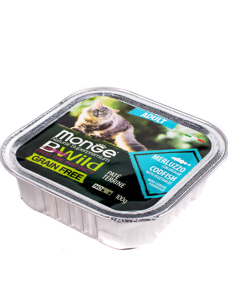 Monge Cat BWild GRAIN FREE беззерновые консервы из трески с овощами для взрослых кошек 100г