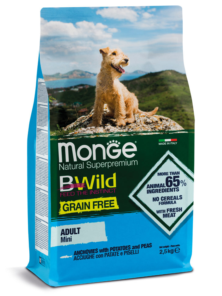 Monge Dog BWild GRAIN FREE Mini беззерновой корм из анчоуса с картофелем и горохом для взрослых собак мелких пород 2,5кг