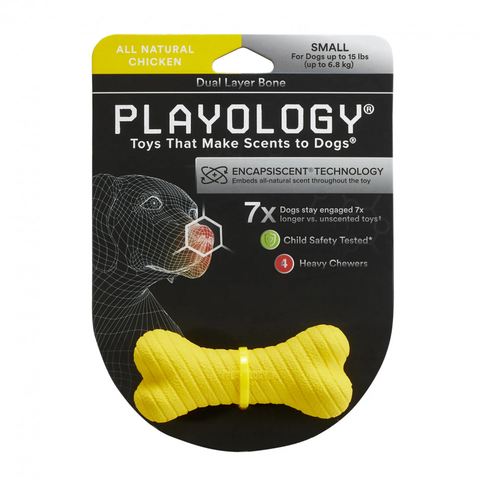 Playology двухслойная жевательная косточка DUAL LAYER BONE для собак мелких пород с ароматом курицы, маленькая, цвет желтый