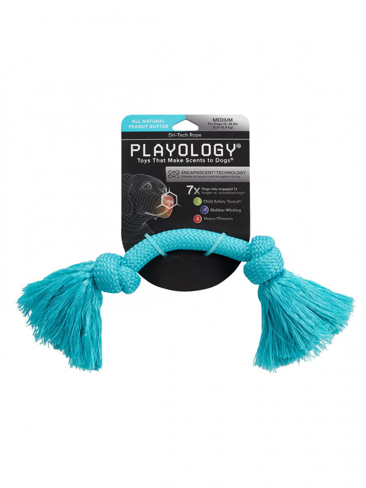 Playology жевательный канат DRI-TECH ROPE для собак средних пород с ароматом арахиса, средний, цвет голубой