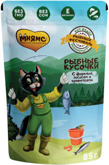 Мнямс пауч Рыбные кусочки для кошек с лососем, креветками и форелью "Рыбный фестиваль" 85г