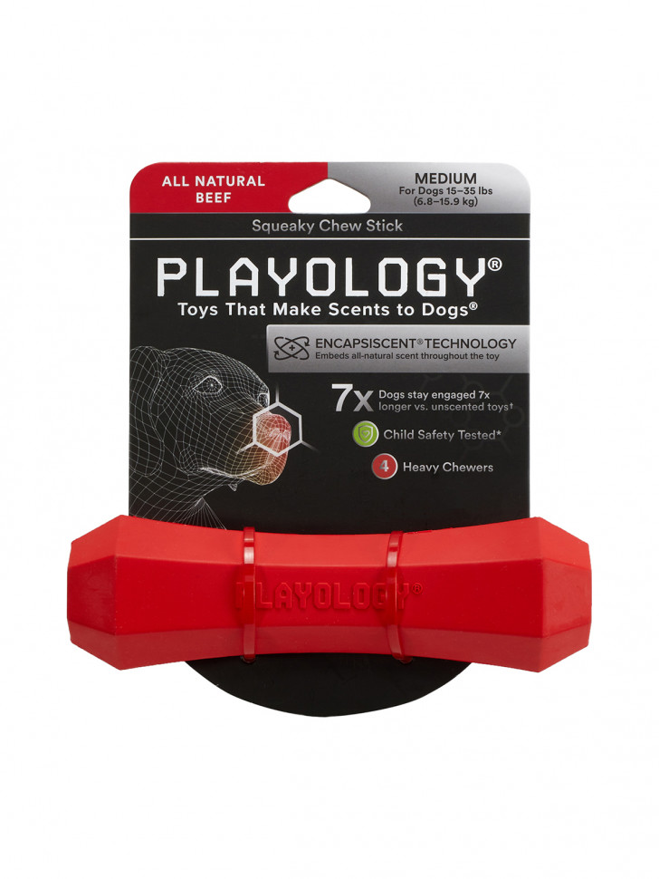 Playology жевательная палочка SQUEAKY CHEW STICK для собак средних пород с ароматом говядины, средняя, цвет красный
