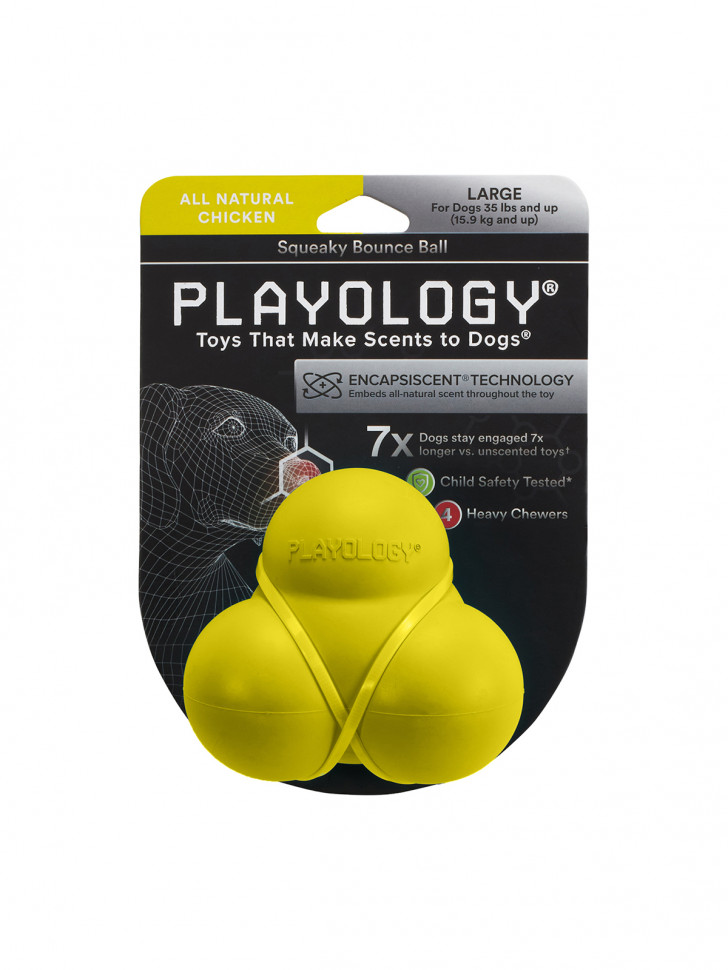 Playology жевательный тройной мяч SQUEAKY BOUNCE BALL для собак средних и крупных пород с пищалкой и с ароматом курицы, цвет желтый