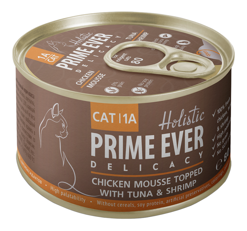 Prime Ever Delicacy Мусс цыпленок с тунцом и креветками влажный корм для кошек 80 гр