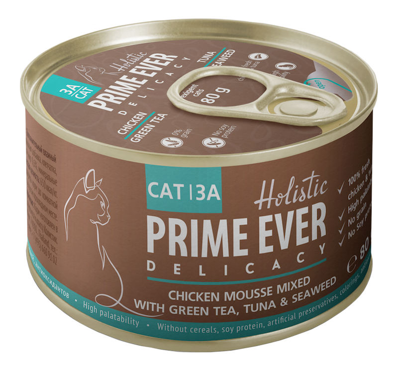 Prime Ever Delicacy Мусс цыпленок с тунцом с зеленым чаем и водорослями влажный корм для кошек 80гр