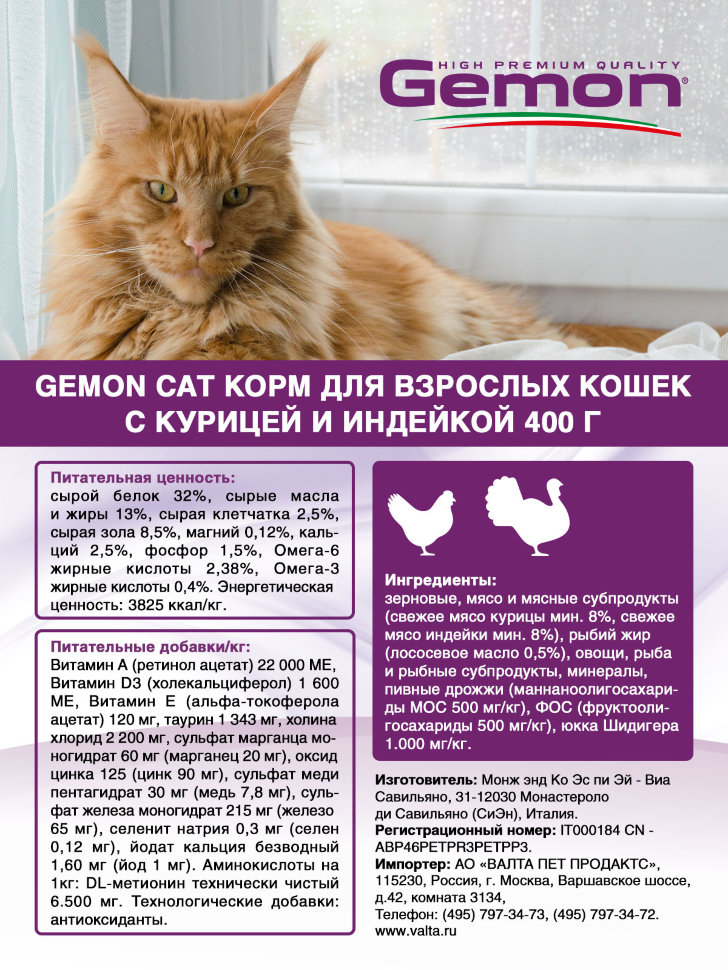 Gemon Cat корм для взрослых кошек с курицей и индейкой