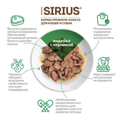 Sirius Кусочки в соусе с индейкой и черникой для кошек с чувствительным пищеварением 85 гр
