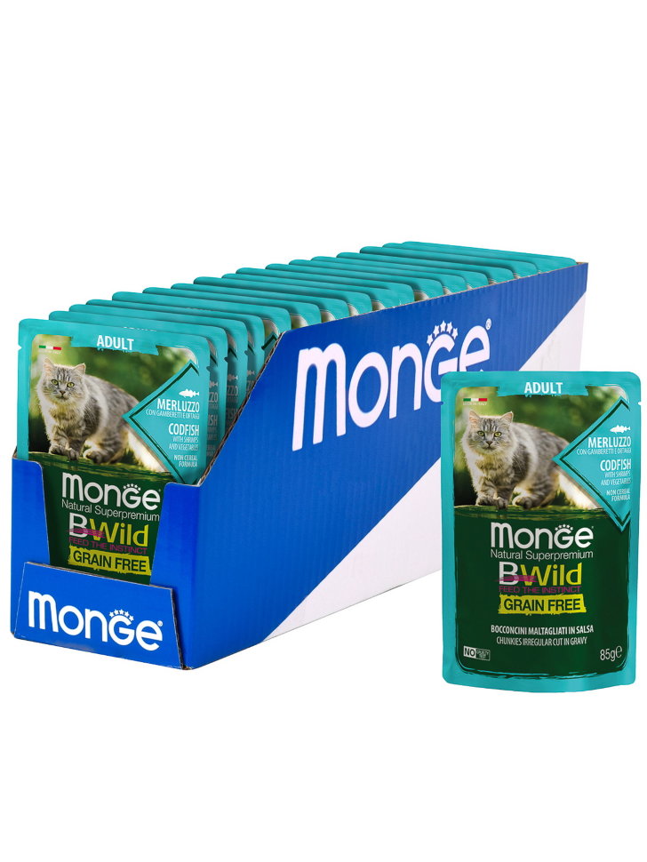 Monge Cat BWild GRAIN FREE паучи из трески с креветками и овощами для взрослых кошек 85г