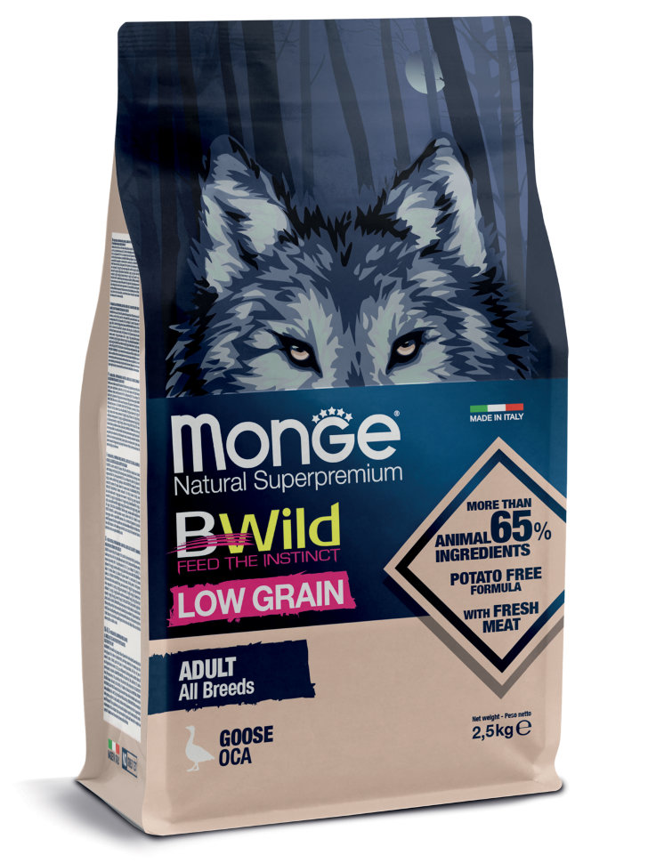 Monge Dog BWild LOW GRAIN низкозерновой корм из мяса гуся для взрослых собак всех пород