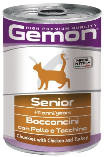 Gemon Cat для пожилых кошек кусочки с курицей и индейкой, консервы 415 г