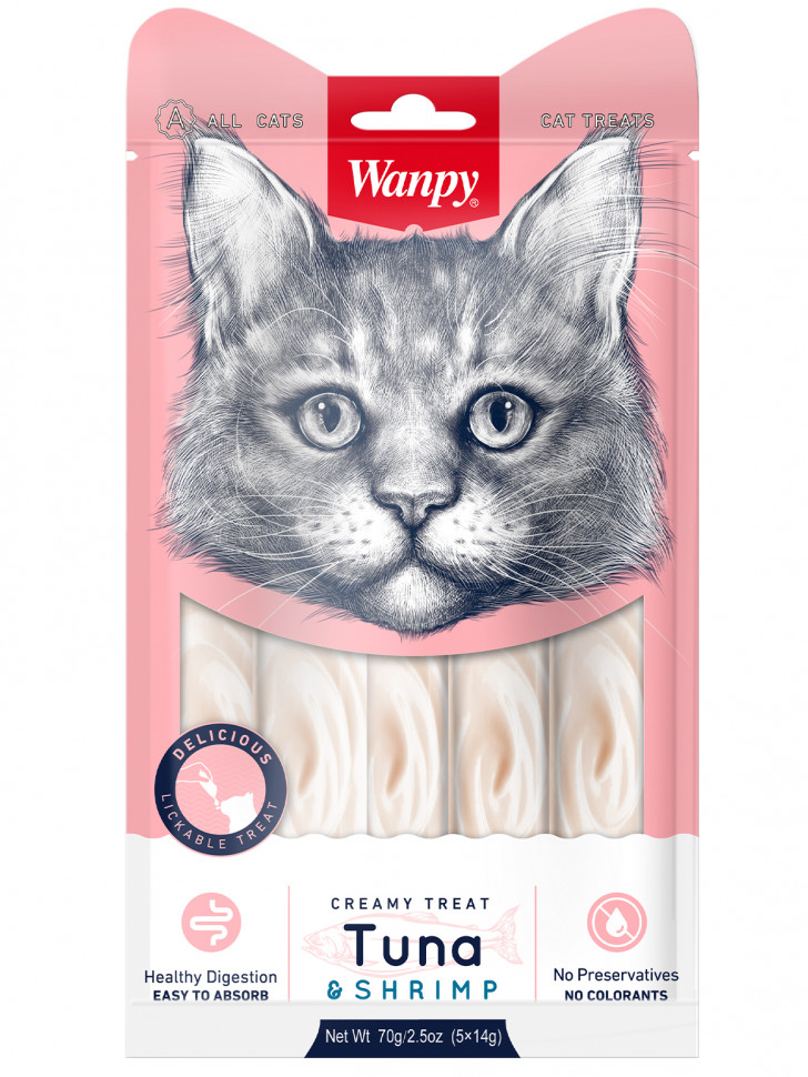 Лакомство Wanpy Cat «нежное пюре» из тунца и креветок, для кошек, 70 гр.
