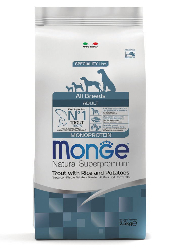 Monge Dog Monoprotein корм для собак всех пород форель с рисом и картофелем 