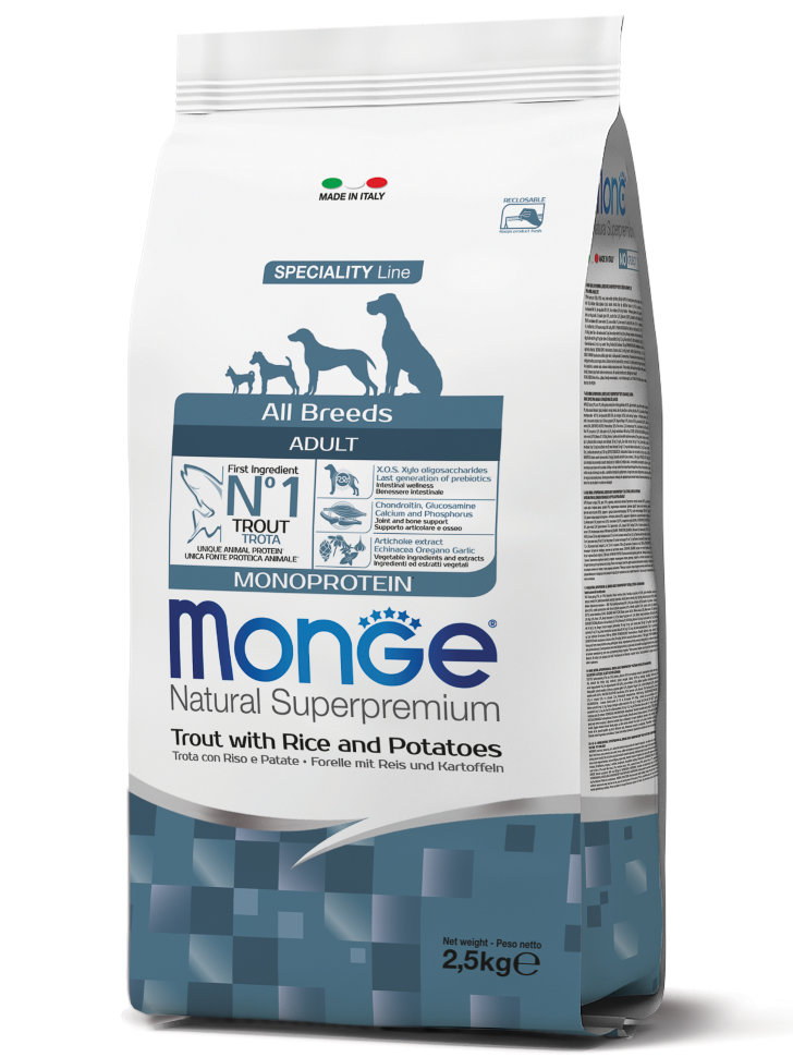 Monge Dog Monoprotein корм для собак всех пород форель с рисом и картофелем 