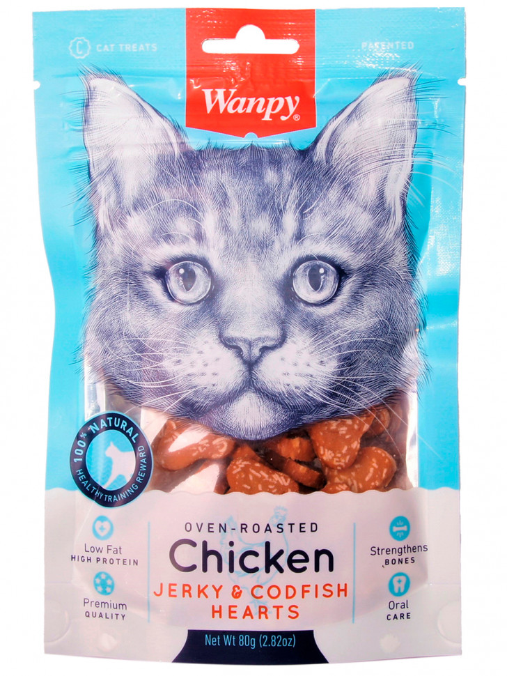 Лакомство Wanpy Cat «сердечки» из курицы с треской, для кошек, 80 гр.
