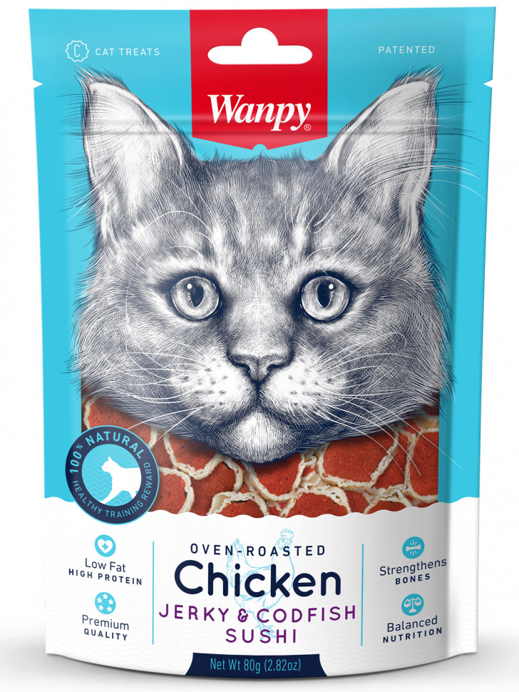 Лакомство Wanpy Cat «суши» из курицы с треской, для кошек, 80 гр.